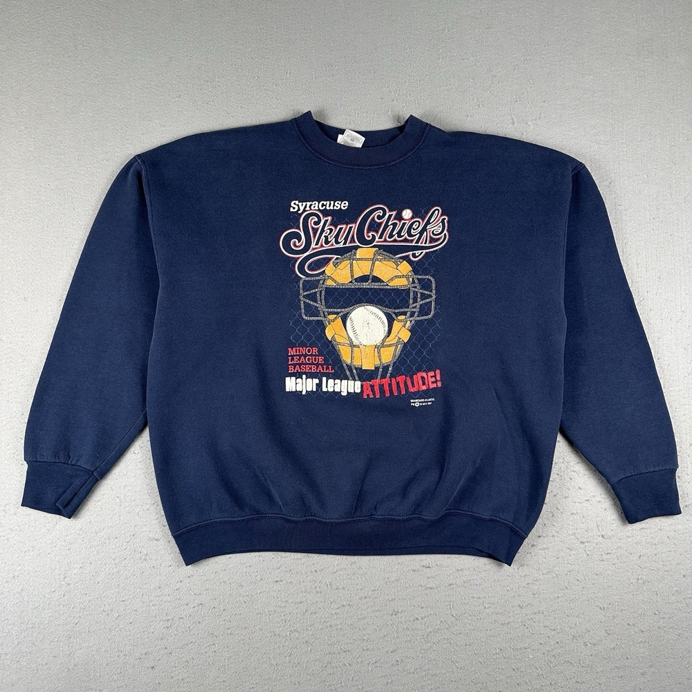 Vtg 90s Syracuse Sky Chiefs Sweatshirt Men's 2XL Blue Minor League‎ Baseball